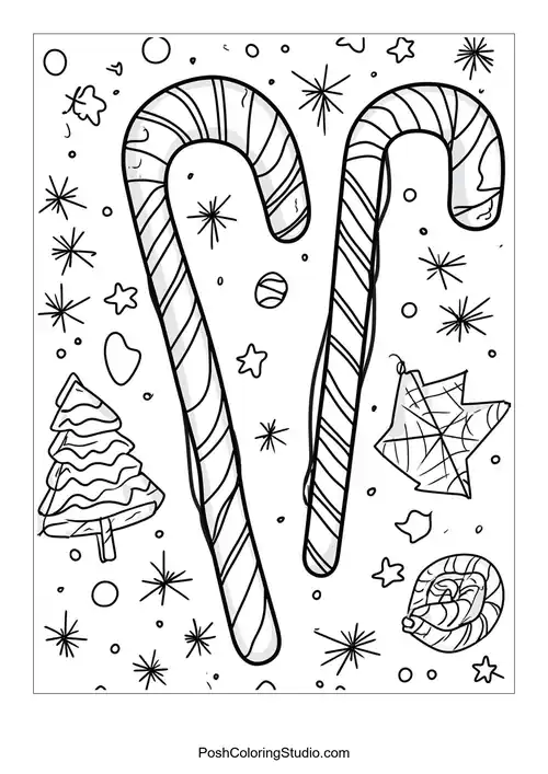 Candy canes surrounded by stars and various festive shapes.