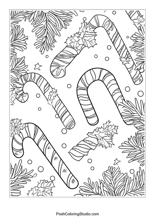 Candy canes with holly leaves and snowflakes around them.