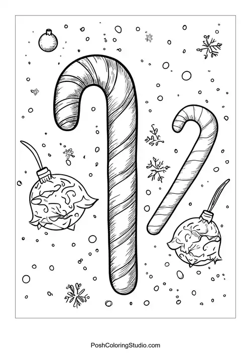 Two candy canes with ornaments and snowflakes in the background.