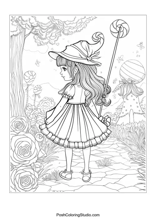 A girl in a dress holding a lollipop, looking back in a candy forest.