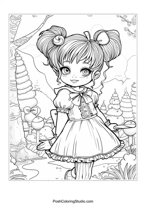 A girl with pigtails and a lollipop in a whimsical landscape.