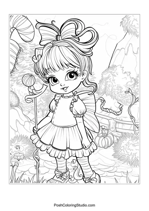 A girl holding a lollipop in a candy-themed environment.
