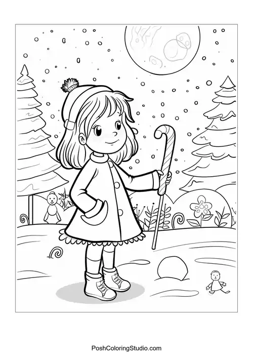 A girl in a winter outfit holding a candy cane in a snowy scene.