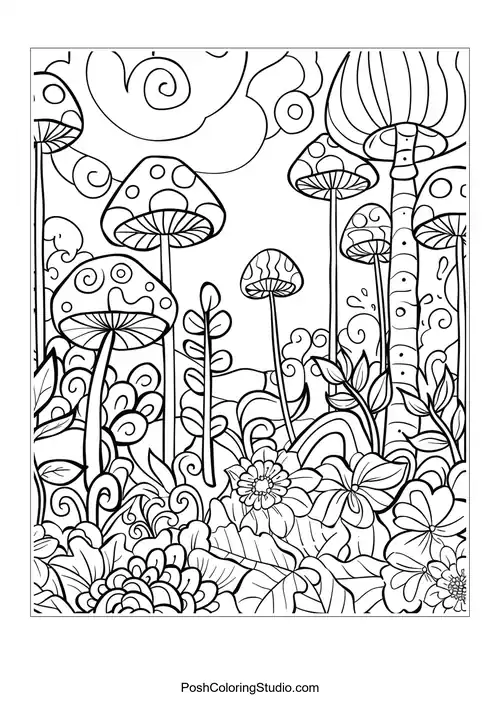 A girl with a lollipop surrounded by candy trees.