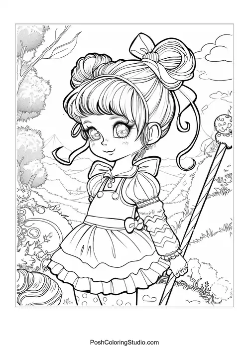 A girl with big hair and a lollipop, set in a colorful landscape.