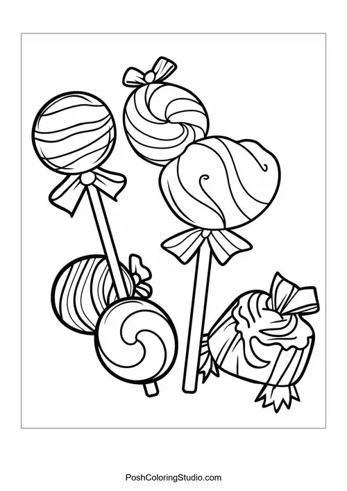A girl with a lollipop surrounded by candy trees.