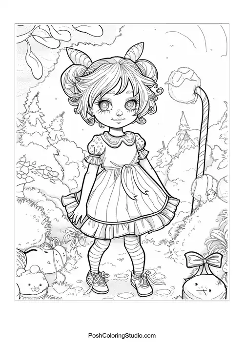 A girl with pigtails and a lollipop in a candy-filled forest.
