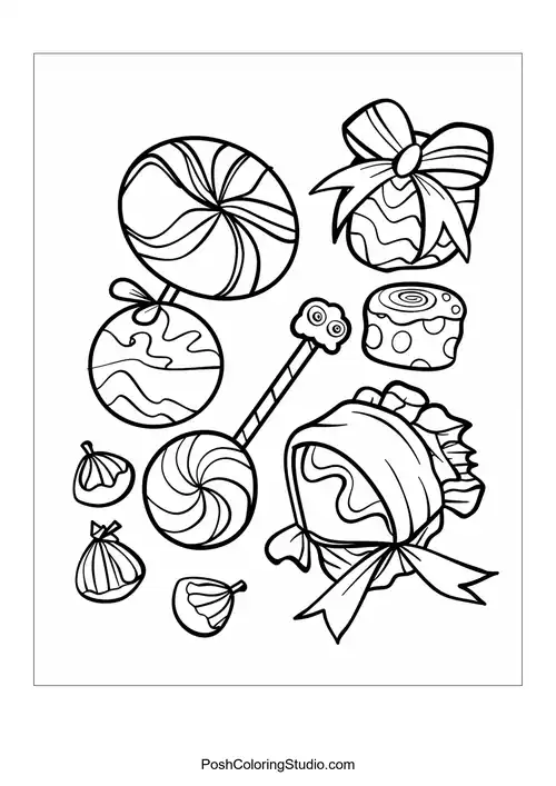 A girl with a lollipop surrounded by candy trees.