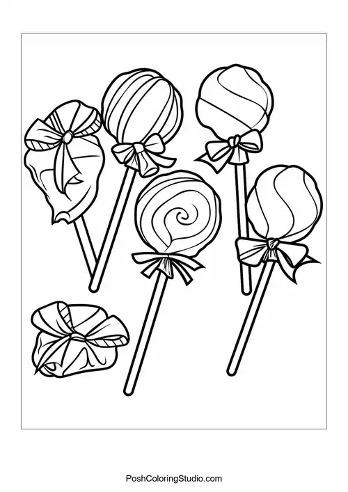 A girl holding a lollipop in a whimsical candy forest.