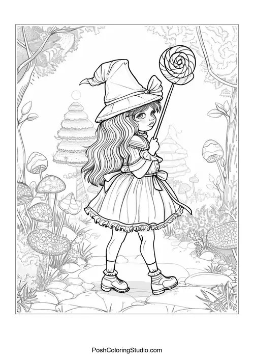 A girl in a dress holding a lollipop, walking through a candy path.