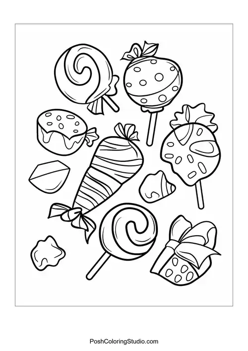 A girl with a lollipop surrounded by candy trees.