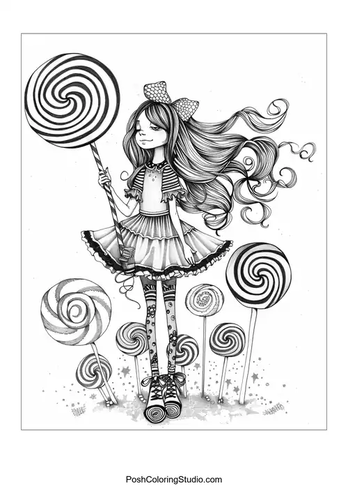 A girl surrounded by various lollipops, with a playful expression.