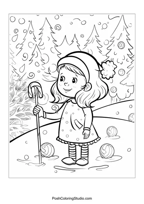A girl in a winter outfit holding a candy cane in a snowy scene.