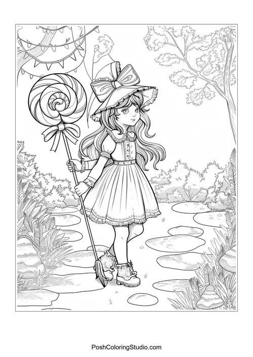 A girl with a lollipop walking along a candy-themed path.