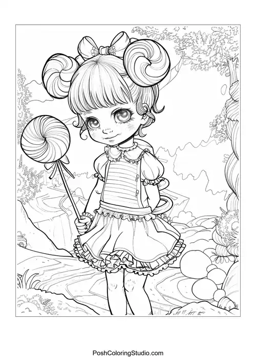 A girl with pigtails holding a lollipop in a candy forest.
