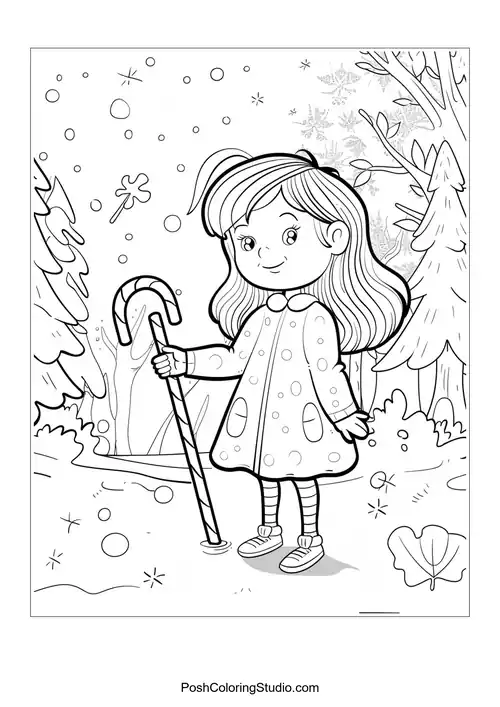A girl in a polka dot dress holding a candy cane in a snowy scene.