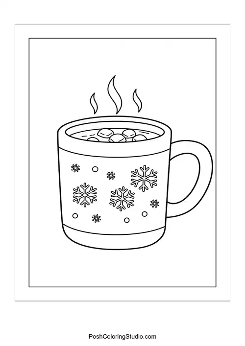 A cup of hot cocoa with snowflakes on it.