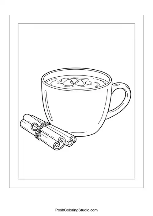 A cup of hot cocoa with cinnamon sticks beside it.
