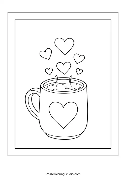 A cup of hot cocoa with hearts floating above.