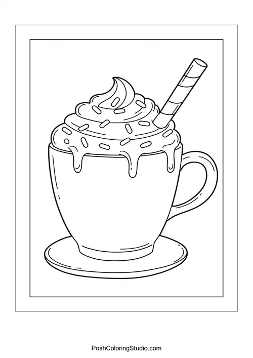 A cup of hot cocoa with a straw and whipped cream.