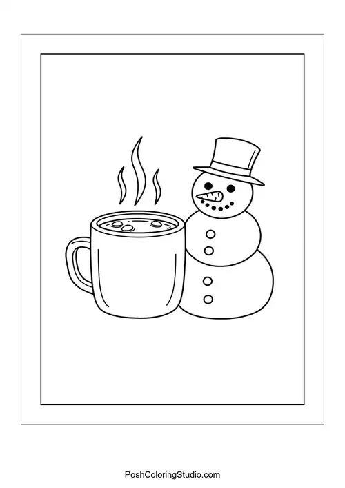 A cup of hot cocoa with a snowman beside it.