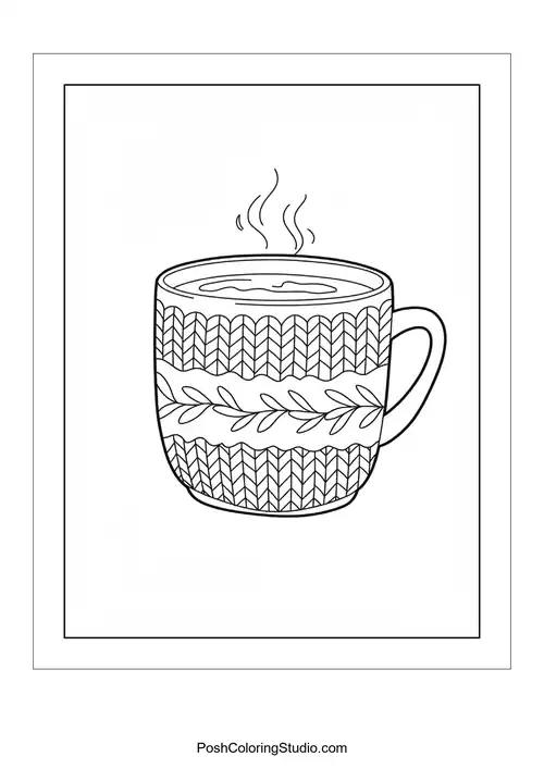 A patterned cup of hot cocoa with steam.