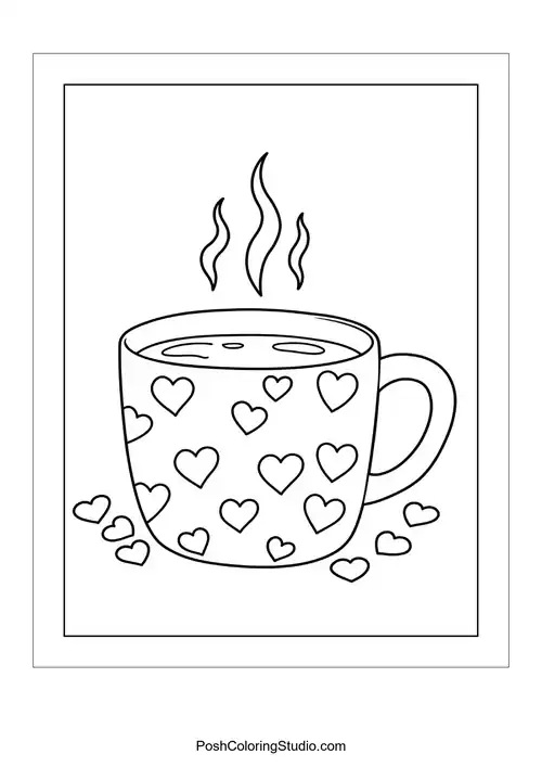 A cup of hot cocoa with hearts and steam.