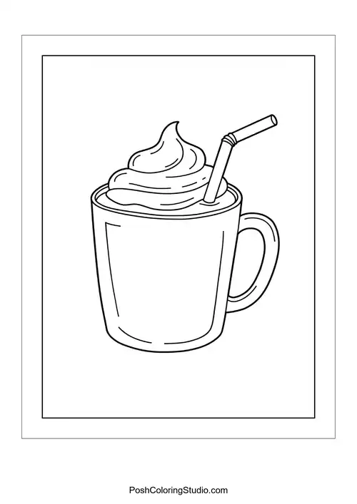 A cup of hot cocoa with a straw and whipped cream.
