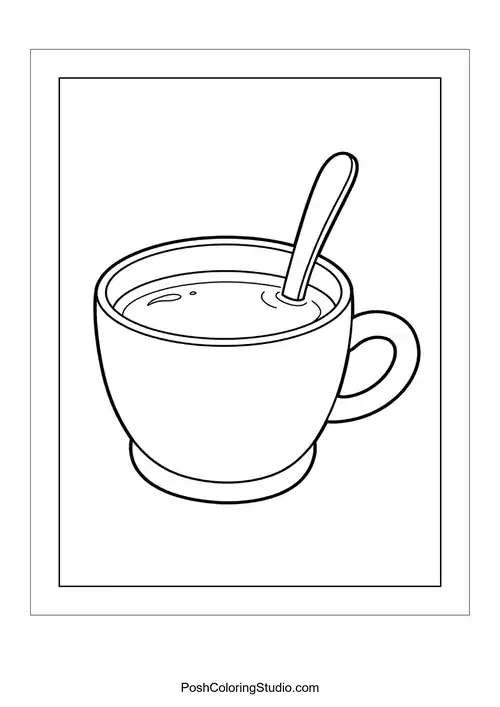A cup of hot cocoa with a spoon inside.