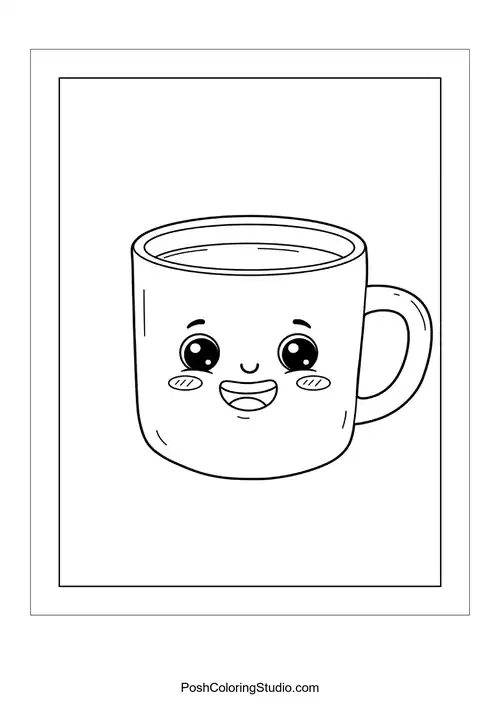 A smiling cup of hot cocoa with a happy expression.