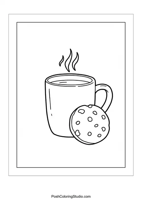 A cup of hot cocoa with a cookie beside it.