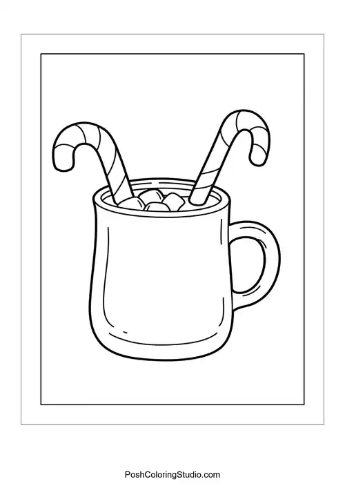 A cup of hot cocoa with candy canes inside.