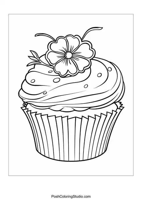 A cupcake topped with a flower and decorative frosting.