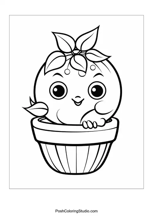 A cute orange character in a pot with leaves.