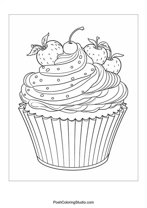A cupcake topped with multiple fruits and sprinkles.