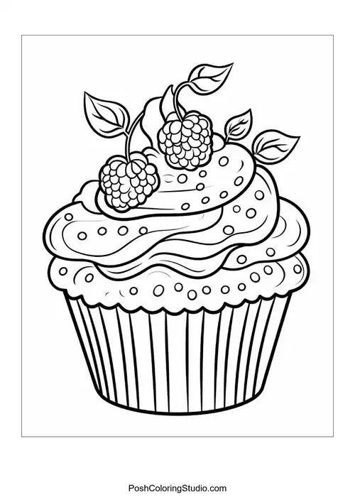 A cupcake topped with raspberries and decorative leaves.