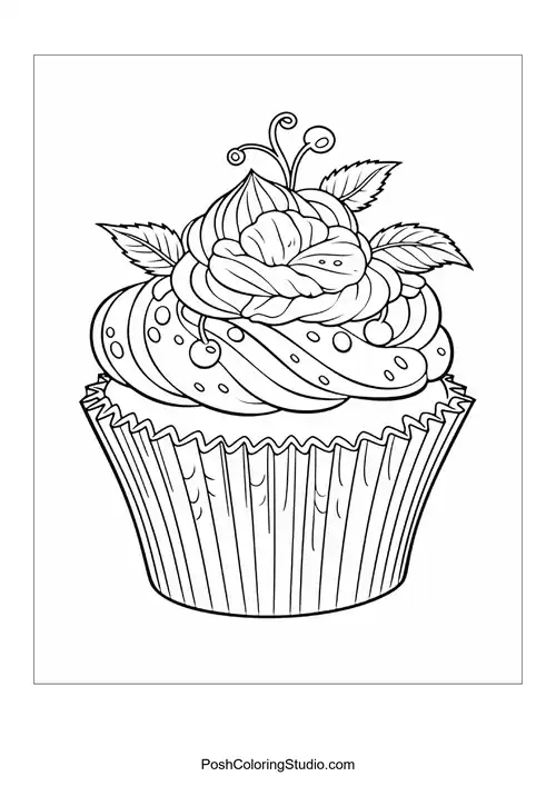 A cupcake with a rose and decorative frosting.