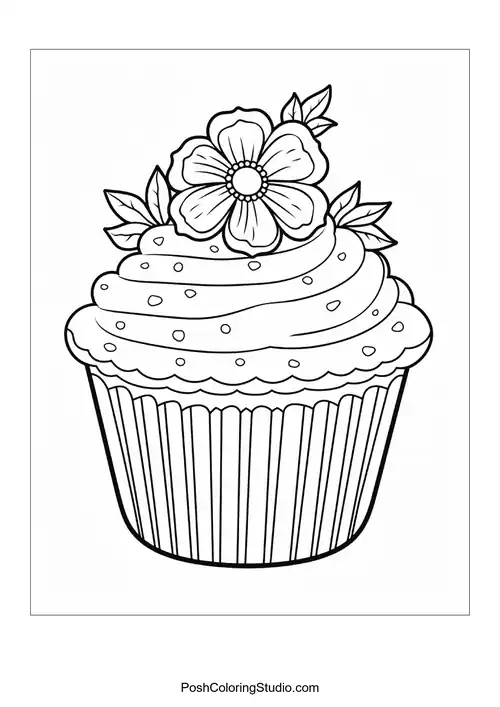A cupcake topped with a flower and leaves.