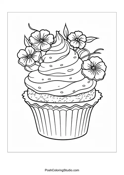 A cupcake adorned with multiple flowers and sprinkles.