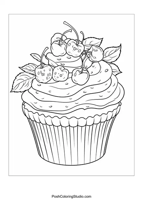 A cupcake topped with a cherry and decorative flowers.