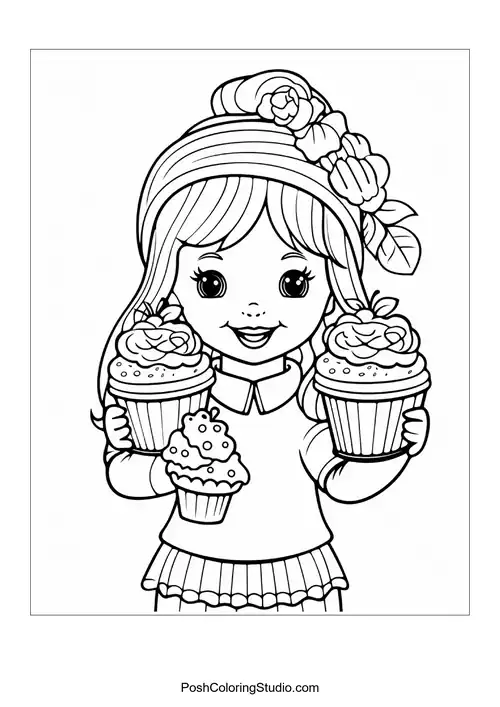 A cupcake with a cherry and decorative leaves.