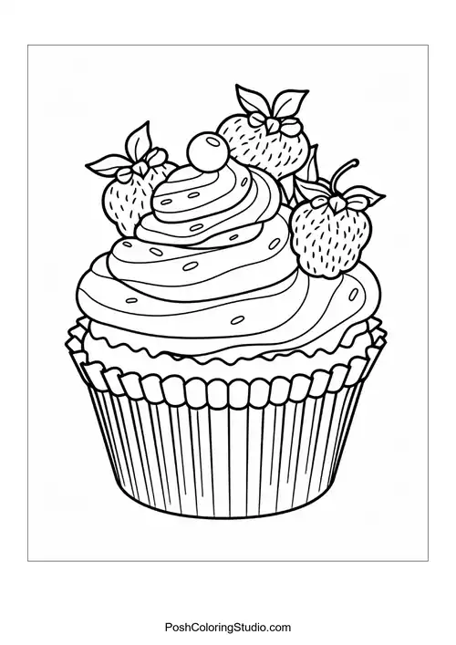 A cupcake topped with a flower and decorative leaves.