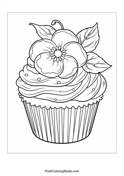 A cupcake with a flower and a single berry on top.