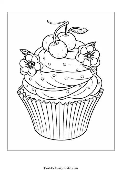 A cupcake with a flower and decorative leaves.