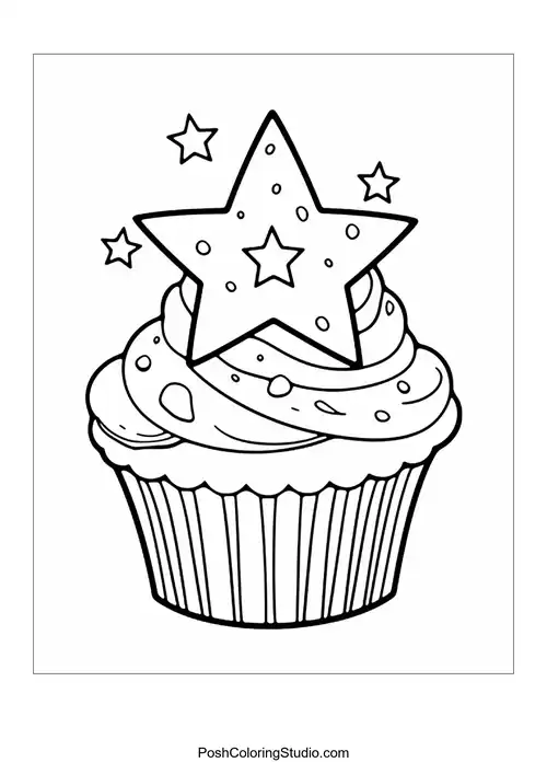 A cupcake topped with a flower and decorative leaves.