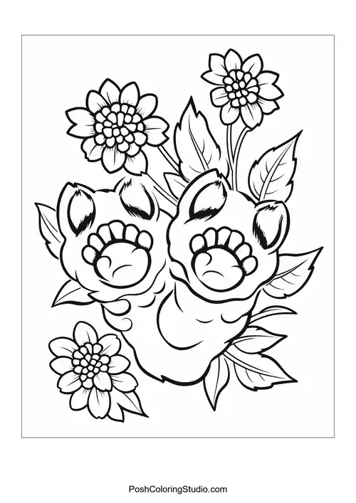 A cupcake with a flower and decorative leaves.