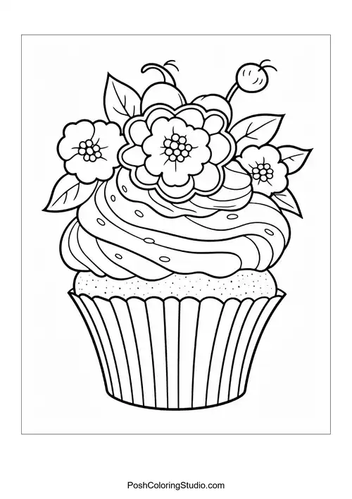 A cupcake topped with a flower and decorative leaves.