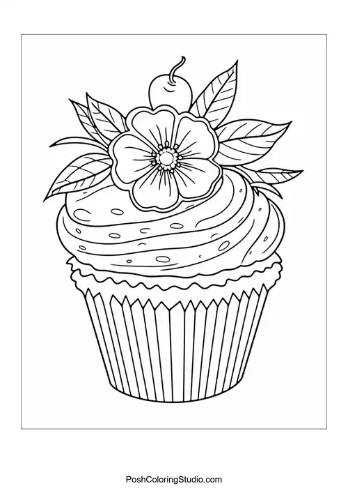 A cupcake adorned with a flower and leaves.