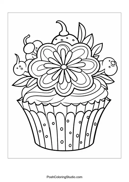 A cupcake with a flower and decorative sprinkles.