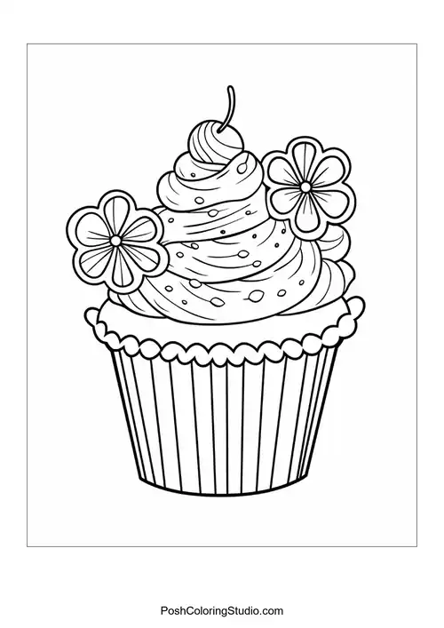 A cupcake topped with a flower and decorative leaves.